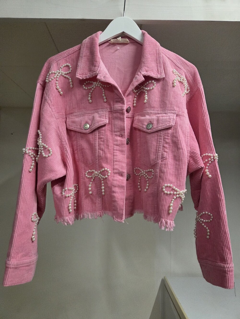 Pink Pearl Bow Embellished Corduroy Jacket 🎀